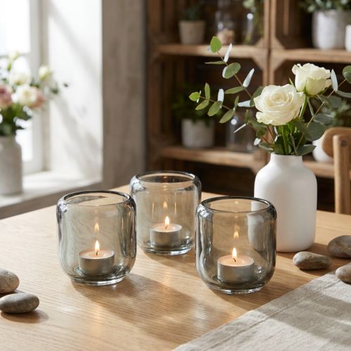 Teelichthalter Glas in Grau Rillen Dekor 8cm 6 St | Floristik24.de