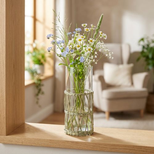 Glasvase Zylinder geflochtene Gräser Ø8cm H21,5cm