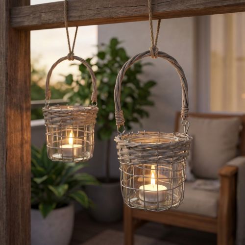 Windlicht Hängedeko Metall Glas Weide Ø13cm H12cm 2St | Floristik24.de