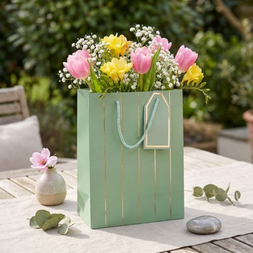 Geschenktüte Hellgrün Goldene Streifen 18×10×23cm 1 St | Floristik24.de
