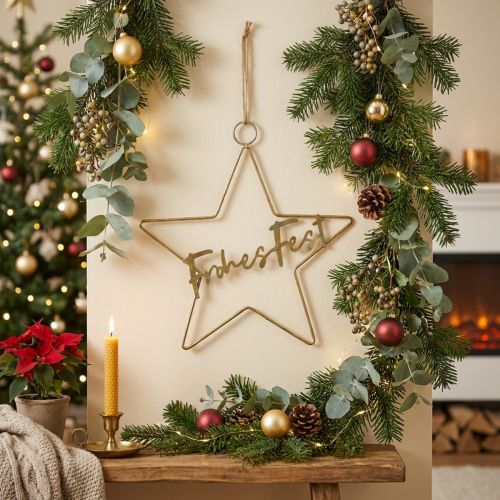 Stern “Frohes Fest”, Dekoring in Sternform, Metalldeko für Weihnachten Golden, Silbern 32×39,5cm | Floristik24.de
