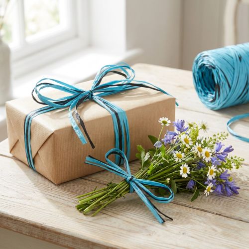 Artikel Dekoband aus Kunststoff, Raffiabast, Multicolor-Geschenkband Blau-Braun L200m