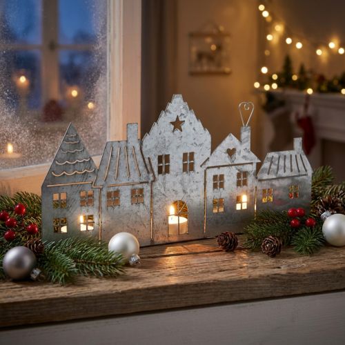 Weihnachtsdeko Häuser, Teelichthalter Metall Silbern 25cm | Floristik24.de