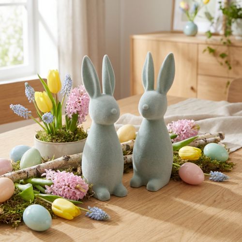 Deko Hase Deko-Osterhase Beflockt Graugrün H29,5cm 2 St | Floristik24.de