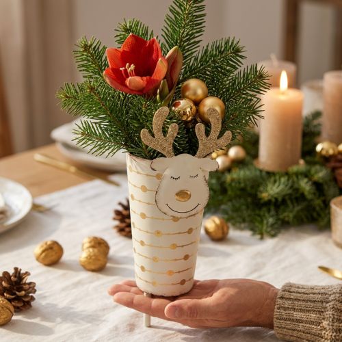 Rentier-Pflanztopf Weiß Gold H28cm Ø8,5cm