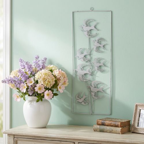 Schwalbendeko, Wandschmuck aus Metall, Vögel zum Hängen Weiß, Silbern Shabby Chic H47,5cm | Floristik24.de