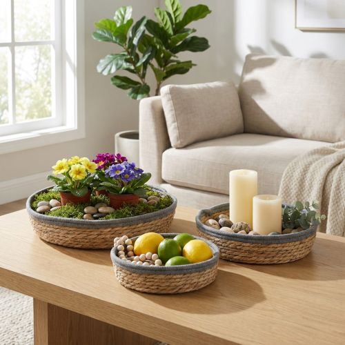 Rundes Korbtablett-Set Natur, Geflochtene Pflanzschalen & Dekotablett 3er-Set Ø33/30/25cm H8/7cm | Floristik24.de