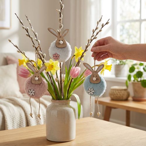 Hänger Hasen Dekohänger Ostern Holz Plüsch 26×7×2cm 6 St | Floristik24.de