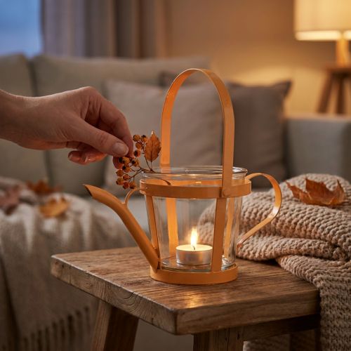 Windlicht Glas Deko Gießkanne Metall Orange Ø14cm H13cm | Floristik24.de