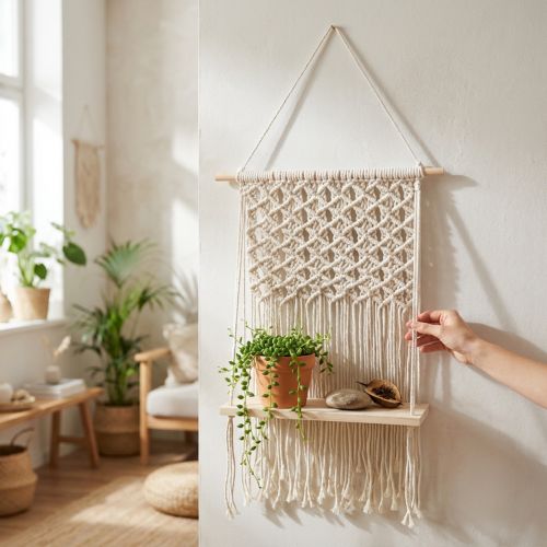 Makramee Blumenampel Holzbrett Boho Stil 40x15cm