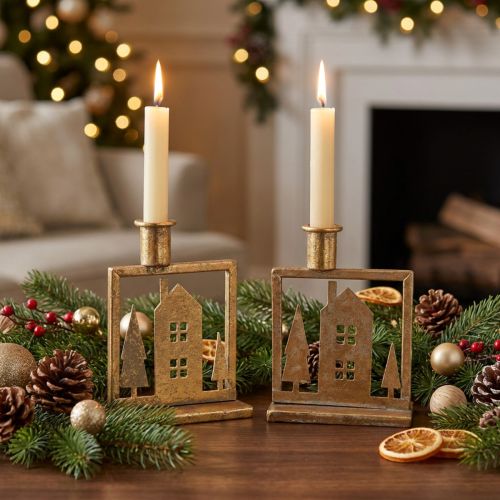 Stabkerzenhalter Weihnachten Häuschen Antik Gold Optik 10×6×14cm 2St | Floristik24.de