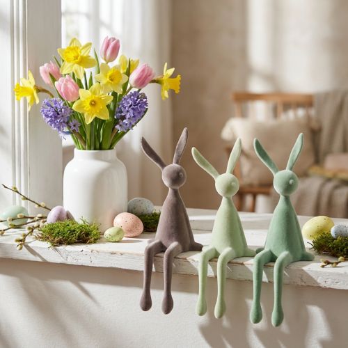 Hasen Kantenhocker Osterhasen beflockt Grün Braun 28cm 3 St | Floristik24.de