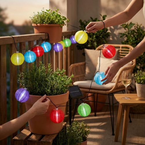Solar-Lampionkette LED bunt 4,5m 10 Birnen Kaltweiß | Floristik24.de
