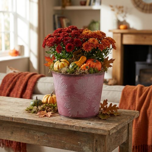 Herbsttopf, Pflanzeimer, Metalldeko mit Blättern Weinrot Ø25,5cm H22cm | Floristik24.de