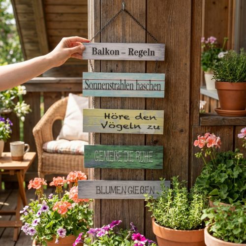 Holzschild Balkonregeln dekorativ meditativ entspannend Geschenkidee | Floristik24.de
