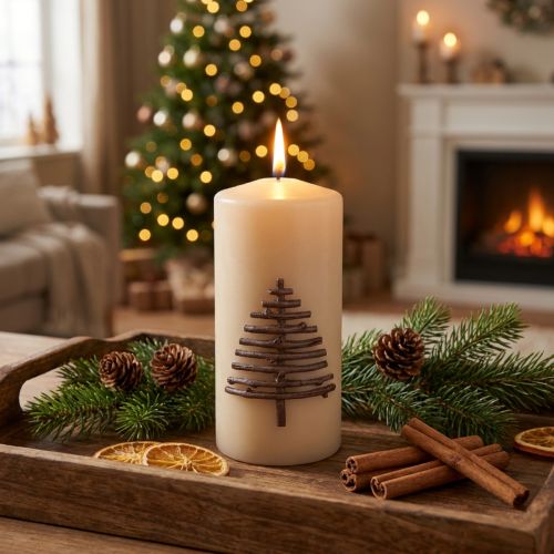 Weihnachtskerze Beige Tannenbaum Design 63h RAL