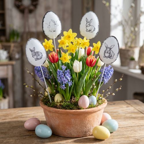 Artikel Blumenstecker Metall Deko Eier mit Osterhasen 5×7cm 8 St