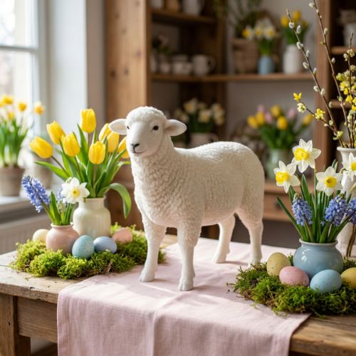 Schaf Deko Figur Tischdeko Ostern Weiß Beflockt 30×28cm | Floristik24.de