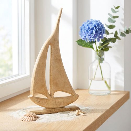Artikel Segelboot Holz auf Sockel Natur Tischdeko Maritim H42cm
