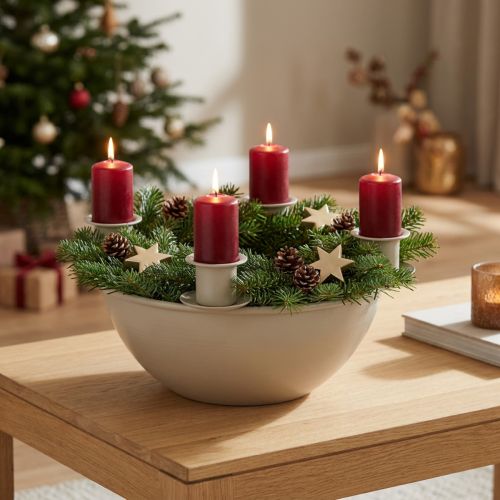 Kerzenschale mit 4 Haltern Adventskranz modern Beige 15cm | Floristik24.de