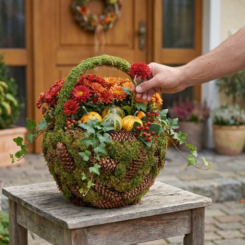 Rustikaler Pflanzkorb Moos und Fichtenzapfen - Dekokorb mit Henkel Ø32cm H42cm - Vielseitige Garten- und Heimdekoration | Floristik24.de