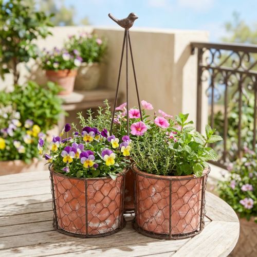 Blumentopf Keramik Rostbraun Ø30cm mit Metallkorb