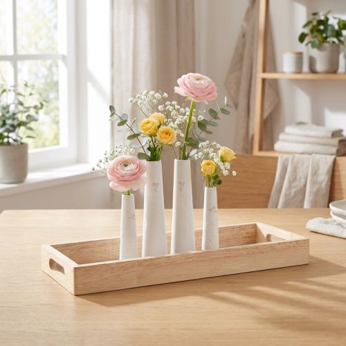 Deko Tablett Holz Minivasen Keramik Weiß Gold 35x14cm | Floristik24.de