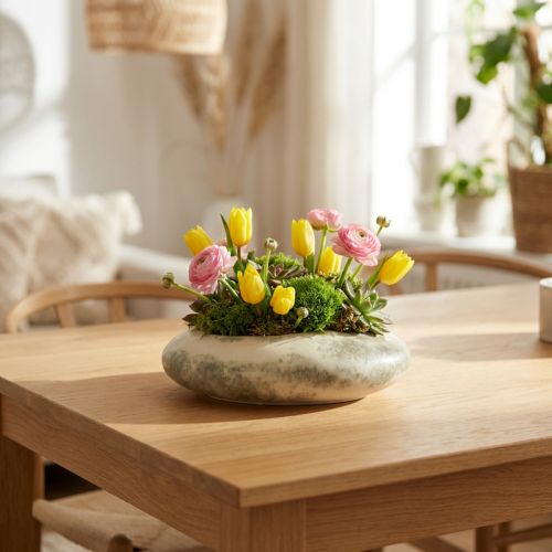 Dekoschale oval Flache Keramikschale Creme Graugrün 19×14×5cm | Floristik24.de
