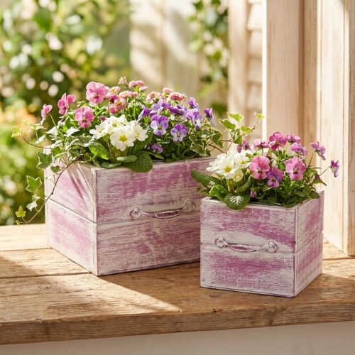 Pflanzschublade mit Griff Rosa Weiß Holz 12/15cm 2er-Set | Floristik24.de