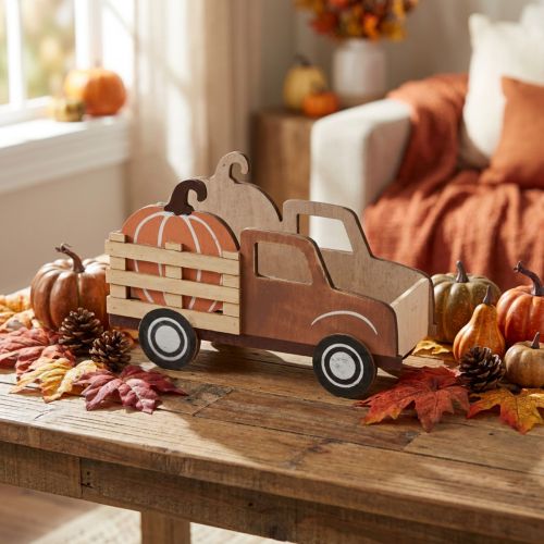 Tischdeko Herbst Kürbis Deko Lieferwagen Holz 20×7,5×12,5cm | Floristik24.de