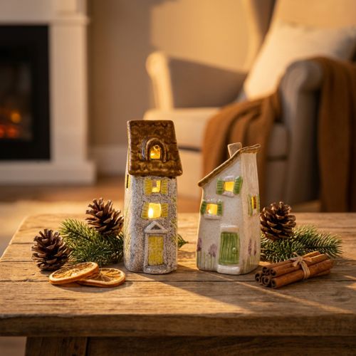 Keramikhaus mit LED 15cm rustikal 2er-Set