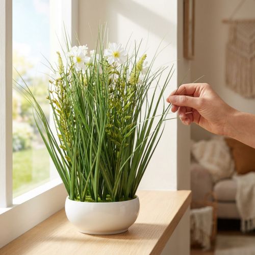 Deko Gras mit Cosmea-Blüten in Schale H45cm | Floristik24.de
