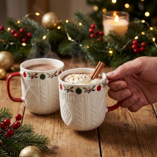 Artikel Keramik Weihnachtstasse mit Strickmuster und festlichem Dekor 9cm - Rot-Weiß 2St