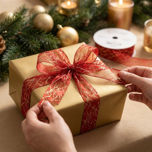 Weihnachtsband mit Sternen Netz Rot und Gold 25mm 18m | Floristik24.de