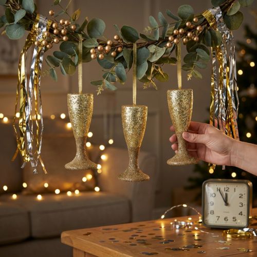 Artikel Aufhänger Champagnerglas Hellgold Silvester Deko 15cm 3St