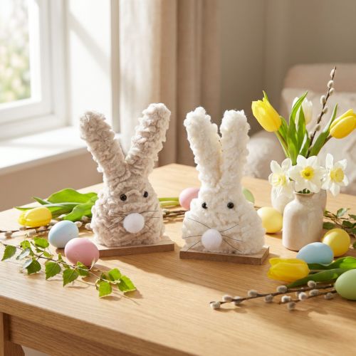 Deko-Osterhase aus Plüsch – Flauschige Osterdeko in Beige & Weiß auf Holzsockel H18cm 2 St | Floristik24.de