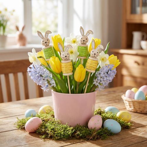 Artikel Blumenstecker Holz Ostern Osterhase Grün Gelb L32cm 8 St