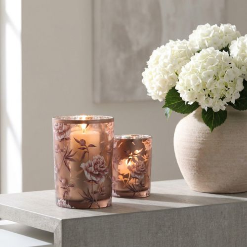 Windlicht aus Glas Braun Silber Rosa Pfingstrosen H18cm | Floristik24.de