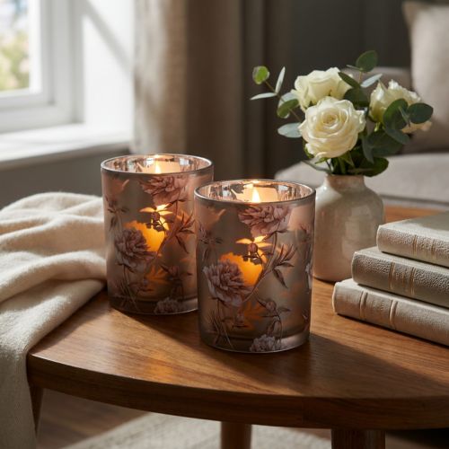 Deko Glas Windlicht Pfingstrosen Silber Braun H12,5cm 2 St | Floristik24.de