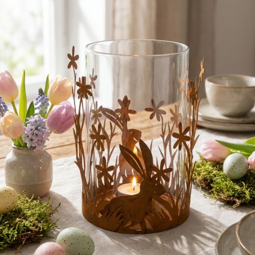 Windlicht mit Hasen, Frühlingsdeko, Metalldeko mit Blumen, Ostern Edelrost Ø11,5cm H18cm | Floristik24.de