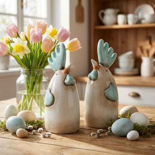 Keramik Hahn Küche Deko Huhn Weiß Blau Braun H14,5cm 2 St | Floristik24.de