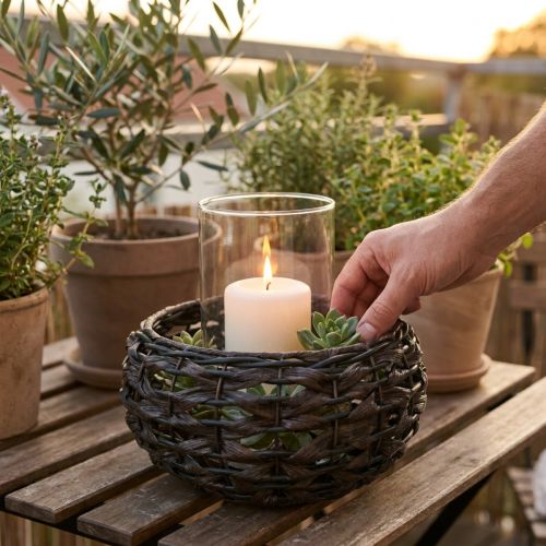 Windlicht geflochten Schwarz, Braun Rattan Kerzenglas Ø23cm H18cm | Floristik24.de