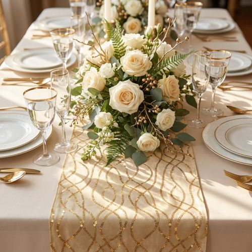 Tischläufer Beige Gold Ketten Tischband Samt 28×270cm | Floristik24.de