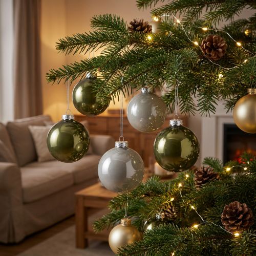 Weihnachtskugeln Glaskugeln Oliv Silbergrau Ø7,5cm 12 St | Floristik24.de