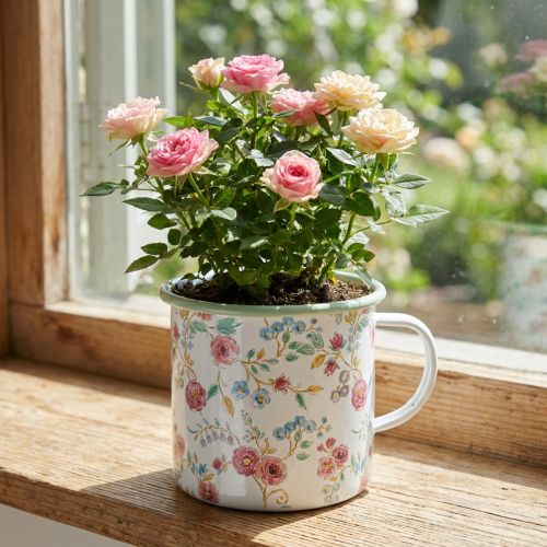 Pflanztasse Rosen Emaille Weiß Ø9,5cm