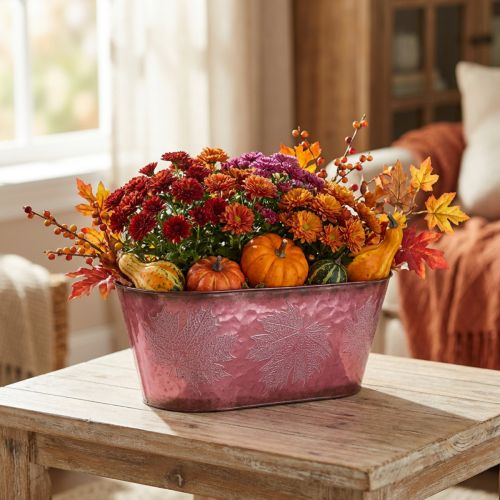 Schale mit Blattdekor, Pflanzgefäß, Herbstdeko, Metalltopf Weinrot L38cm H15cm | Floristik24.de