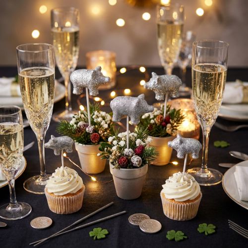 Glücksschwein Silvester Glücksbringer am Stab Silbern 3cm 6St | Floristik24.de