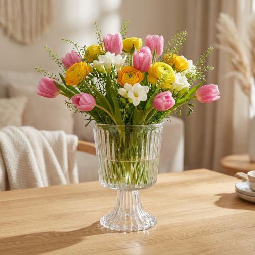 Glasvase mit Fuß Deko Glaspokal geriffelt Ø13cm H19cm | Floristik24.de