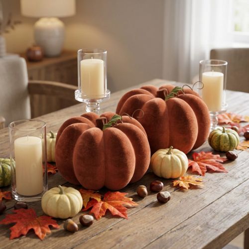 Deko Kürbis beflockt Rotbraun 20cm – Herbstdeko 2er Set