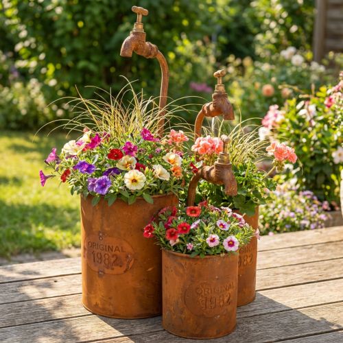 Übertopf Edelrost Deko Metall Mit Wasserhahn H25/37/43cm Set von 3 St | Floristik24.de